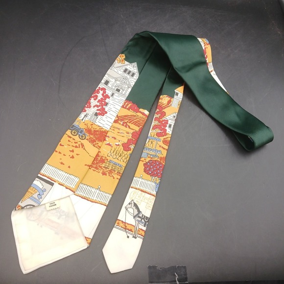 VTG Don Loper? Wide Tie: Cottage Core Horse & Carriage Flower Cart Dacron Green - Picture 5 of 7